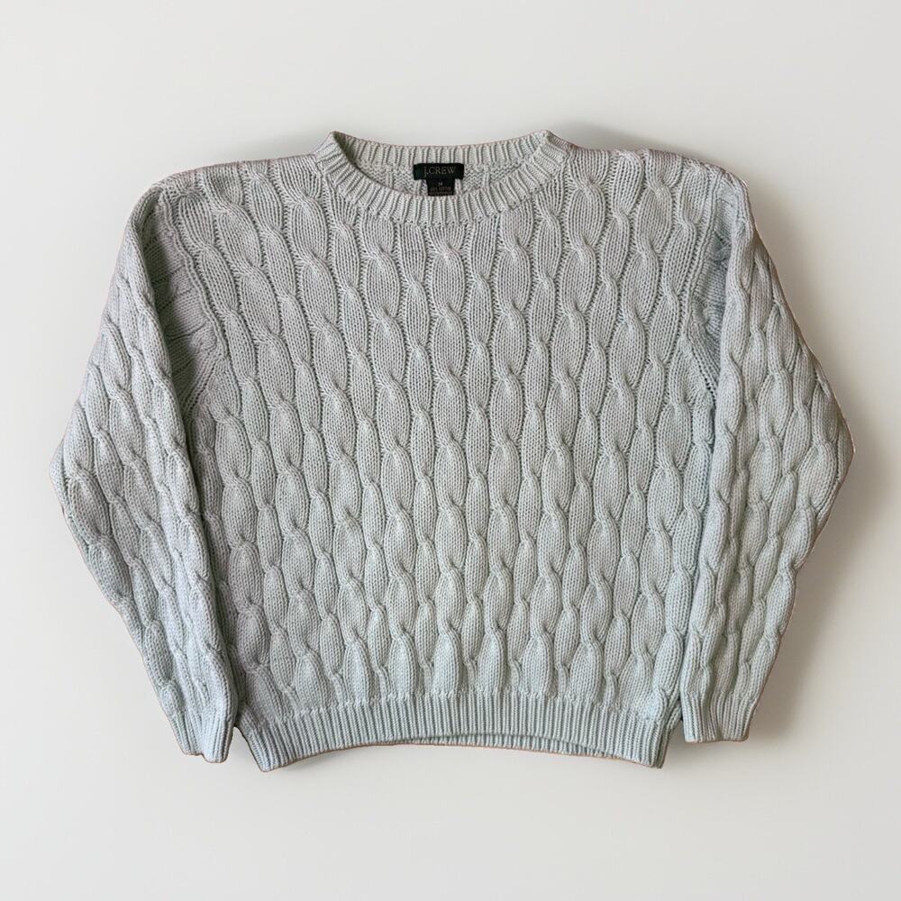 J Crew Cable Knit Sweater Women's Medium Teal Cotton Pullover Minimalist NYC